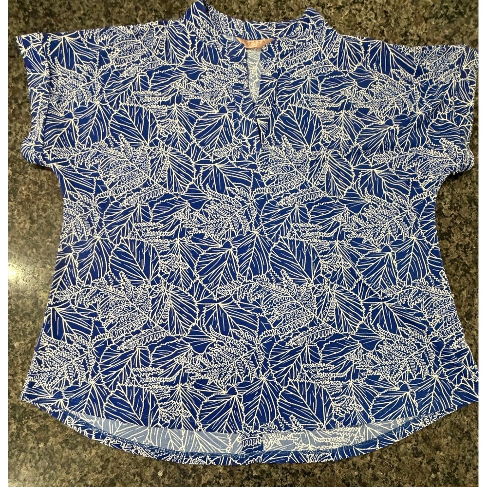 Amana Women Blue White Tropical Leaf Print Split V-Neck Blouse XL T8004-SS-BTN